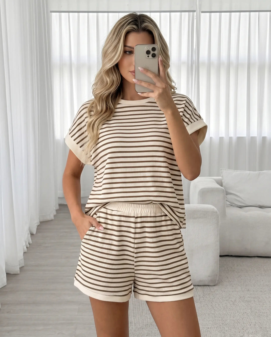 SOLACE  Beige Ribbed Striped Relaxed Fit Short Set 