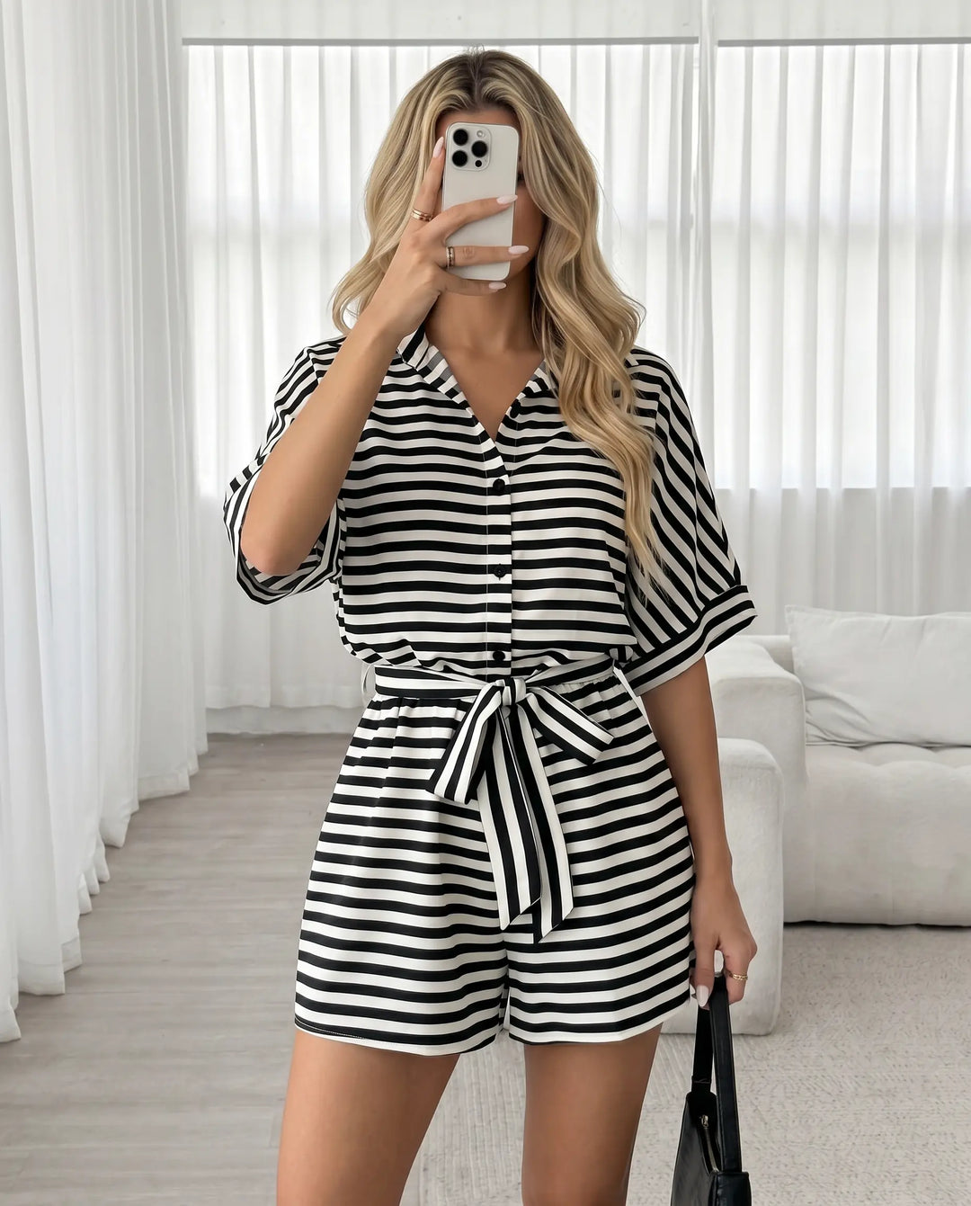 SOLACE  Black Striped Belted Jumpsuit 