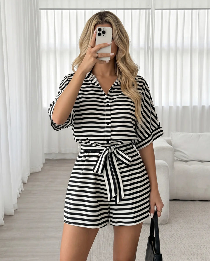 SOLACE  Black Striped Belted Jumpsuit 
