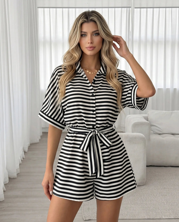 SOLACE  Black Striped Belted Jumpsuit 
