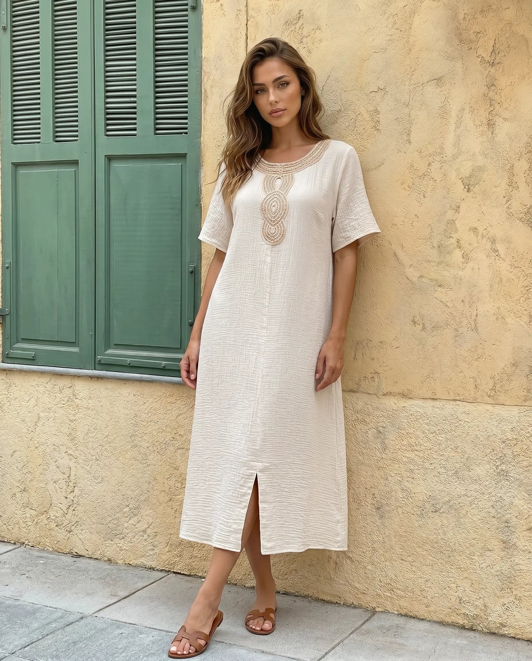 SOLACE  Beige Cotton Embroidery Neckline Midi Dress 