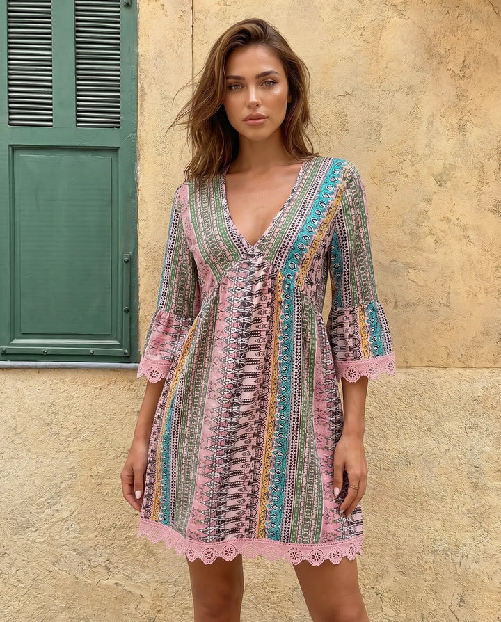 SOLACE  Bohemian Print V Neck Half Sleeve Lace Trim Mini Dress 