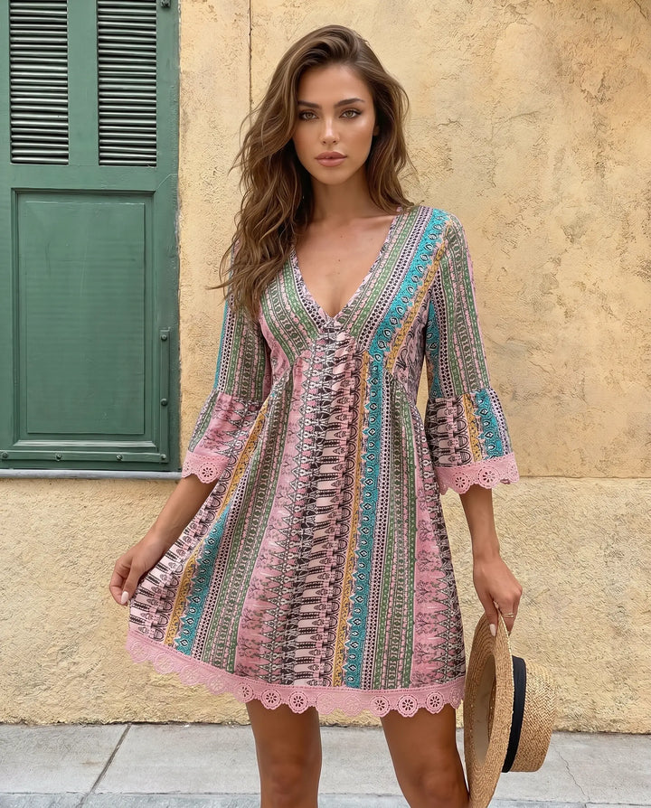 SOLACE  Bohemian Print V Neck Half Sleeve Lace Trim Mini Dress 