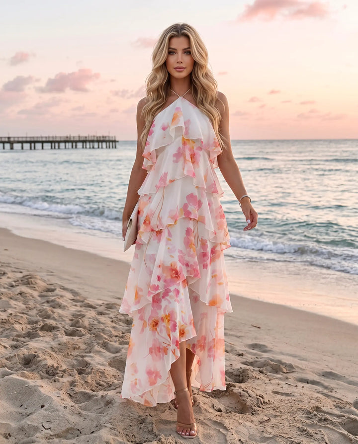 SOLACE  White Floral Vacation Tiered Ruffled Relaxed Maxi Dress 