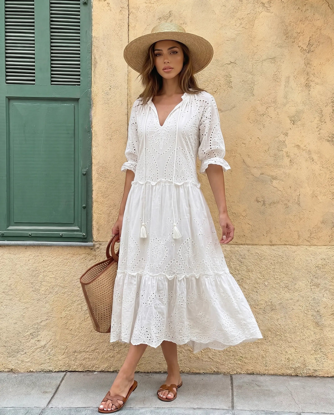 SOLACE  White Eyelet Embroidery V-Neck Tiered Midi Dress 