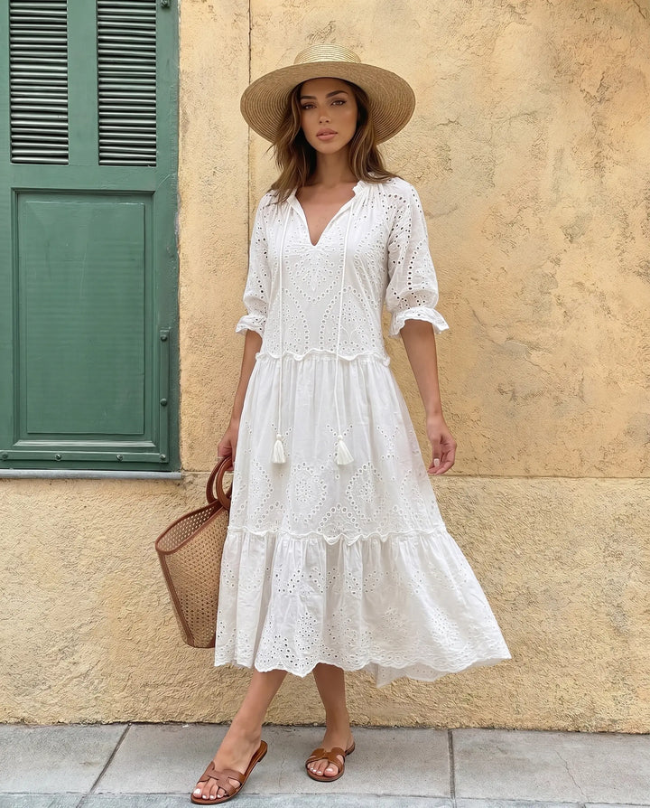 SOLACE  White Eyelet Embroidery V-Neck Tiered Midi Dress 