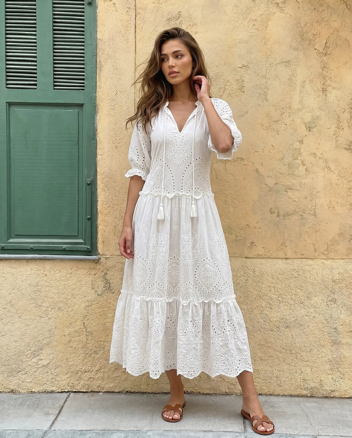 SOLACE  White Eyelet Embroidery V-Neck Tiered Midi Dress 