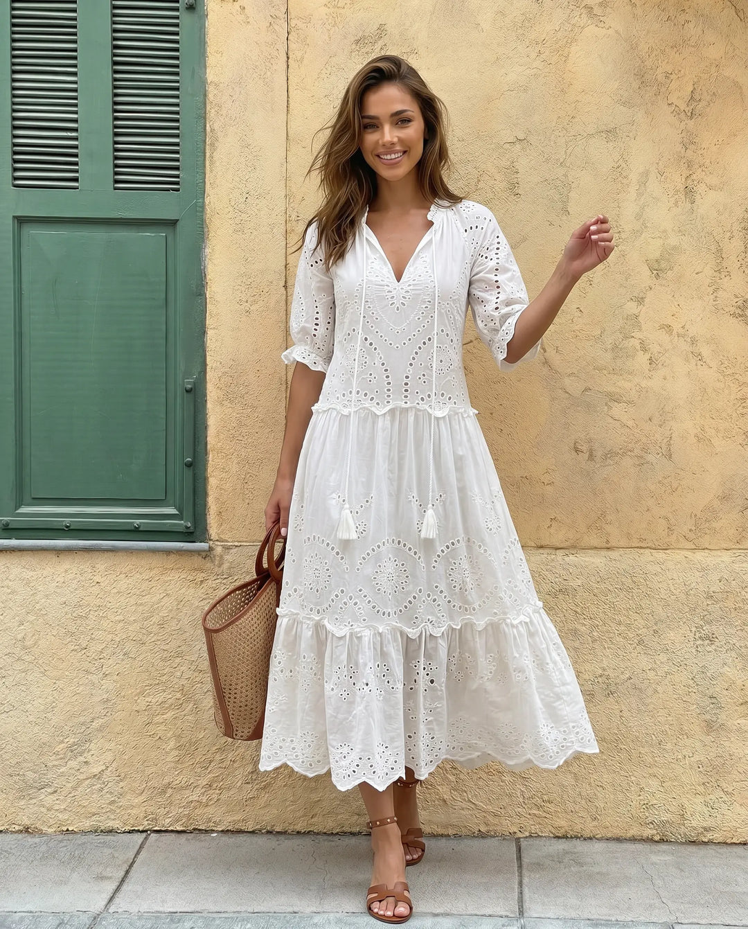 SOLACE  White Eyelet Embroidery V-Neck Tiered Midi Dress 