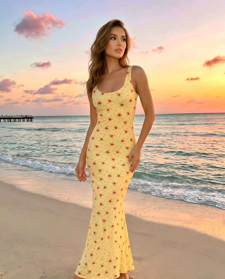SOLACE  Yellow Floral Print Sleeveless Maxi Dress 