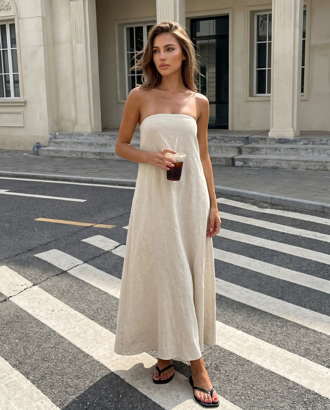 SOLACE  Beige Minimalist Breathable Linen Blend Loose Fit Maxi Dress 