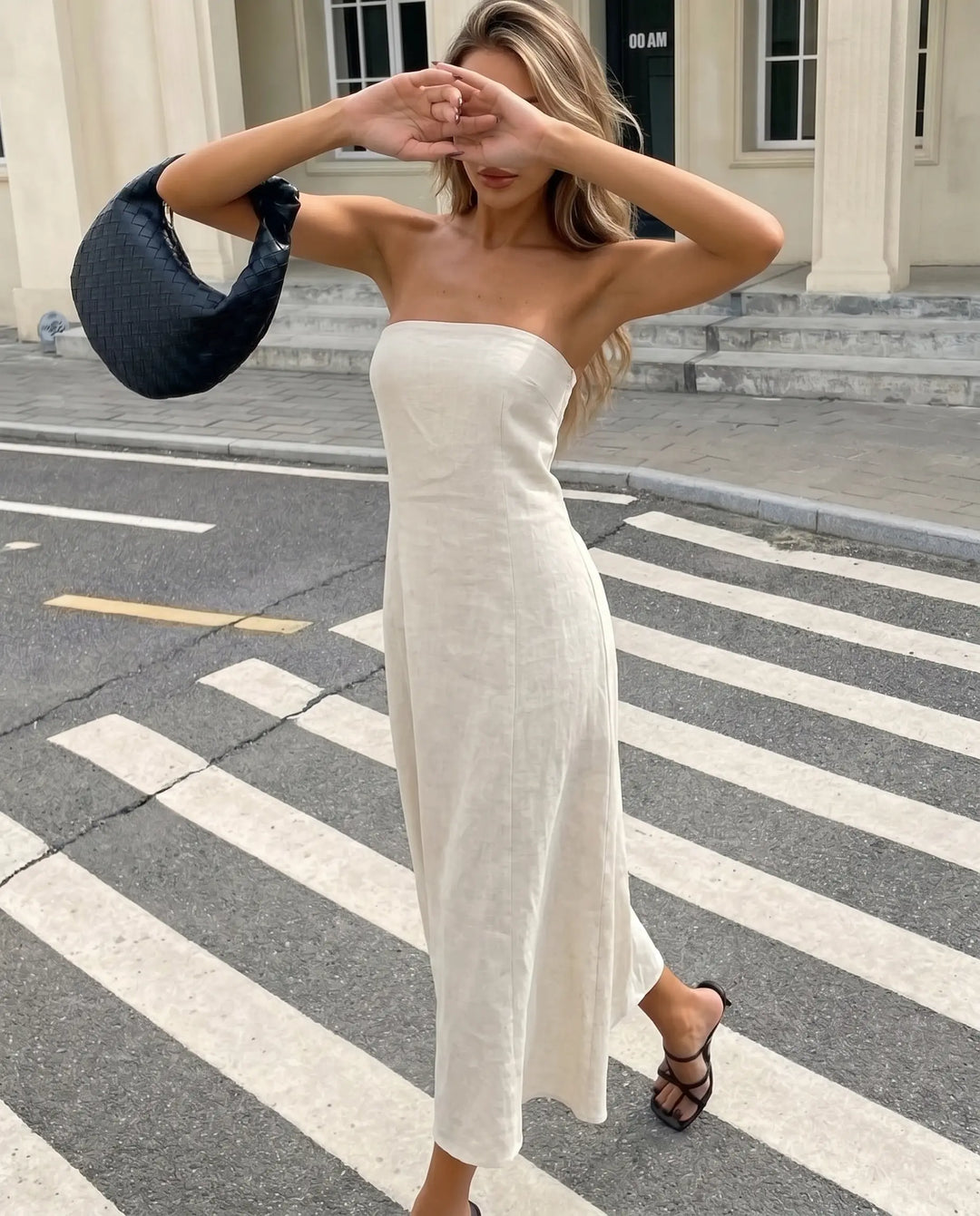 SOLACE  Beige Minimalist Breathable Linen Blend Loose Fit Maxi Dress 