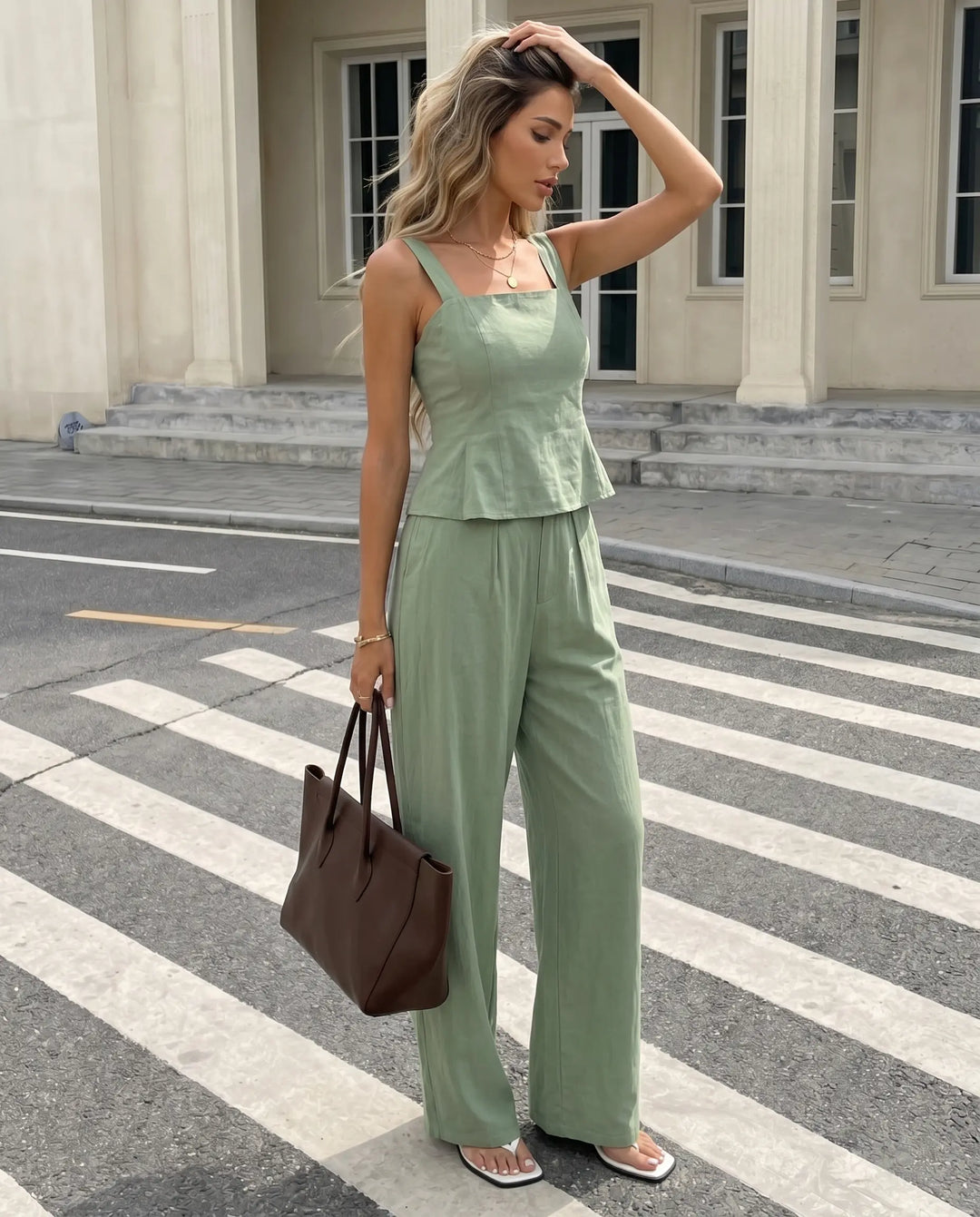 SOLACE  Sage Green Linen Blend Slim Fit Crop Top Wide Leg Pants Set 
