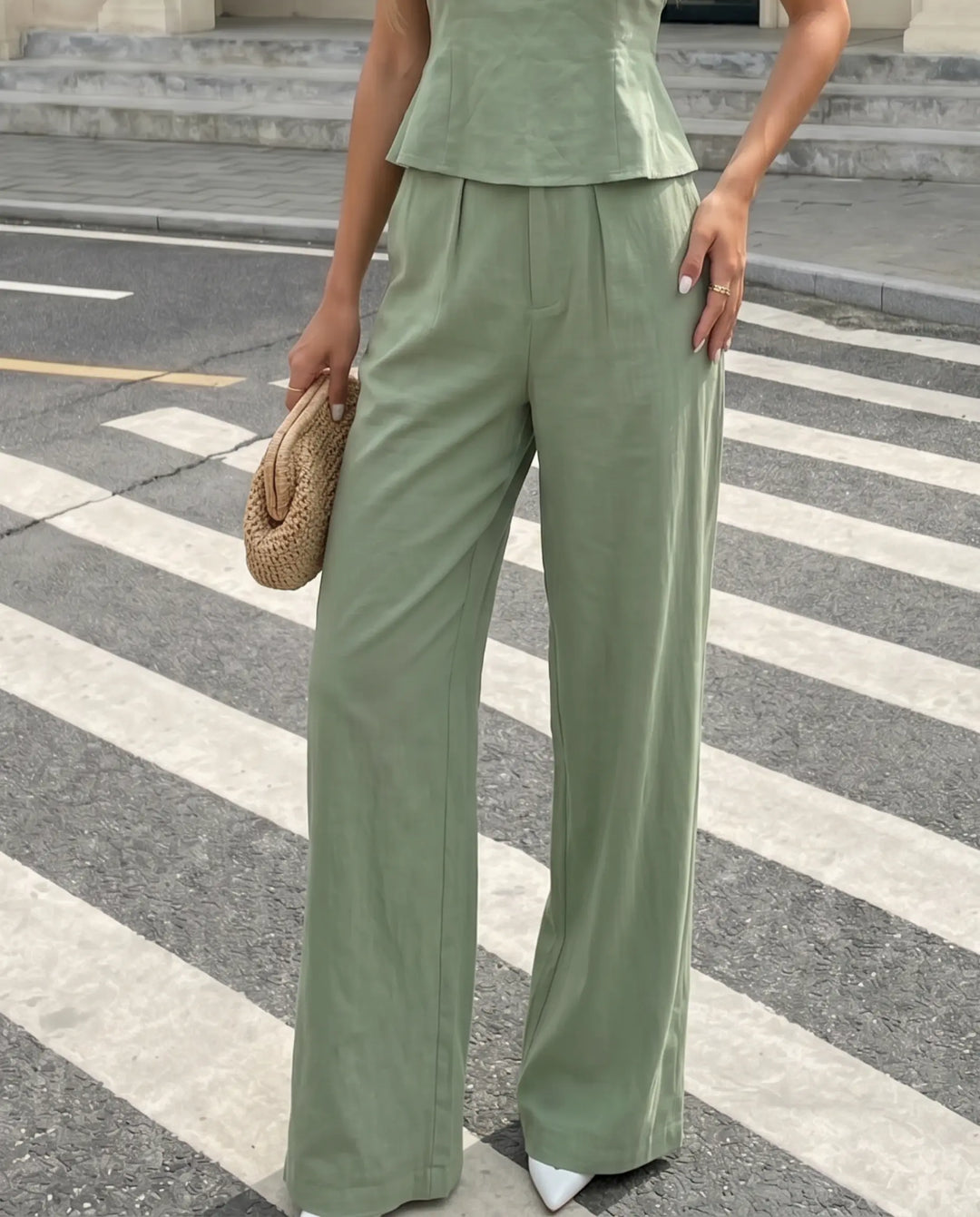 SOLACE  Sage Green Linen Blend Slim Fit Crop Top Wide Leg Pants Set 