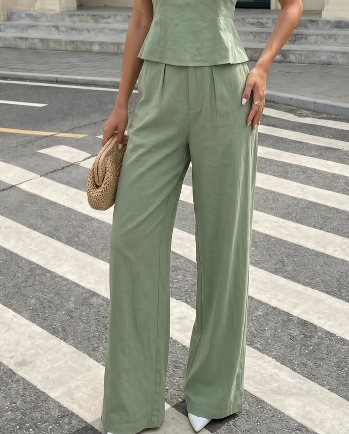 SOLACE  Sage Green Linen Blend Slim Fit Crop Top Wide Leg Pants Set 