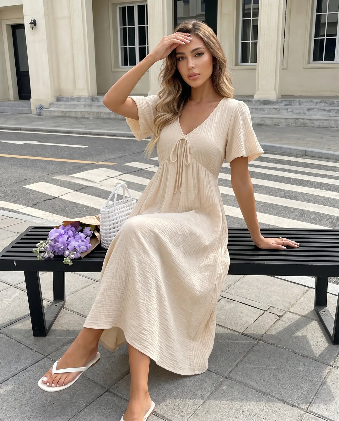 SOLACE  Beige Tie Front Textured Fabric Relaxed Midi Dress 