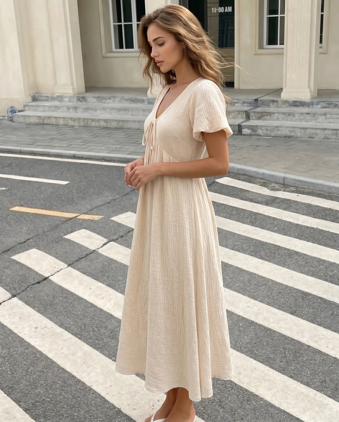 SOLACE  Beige Tie Front Textured Fabric Relaxed Midi Dress 
