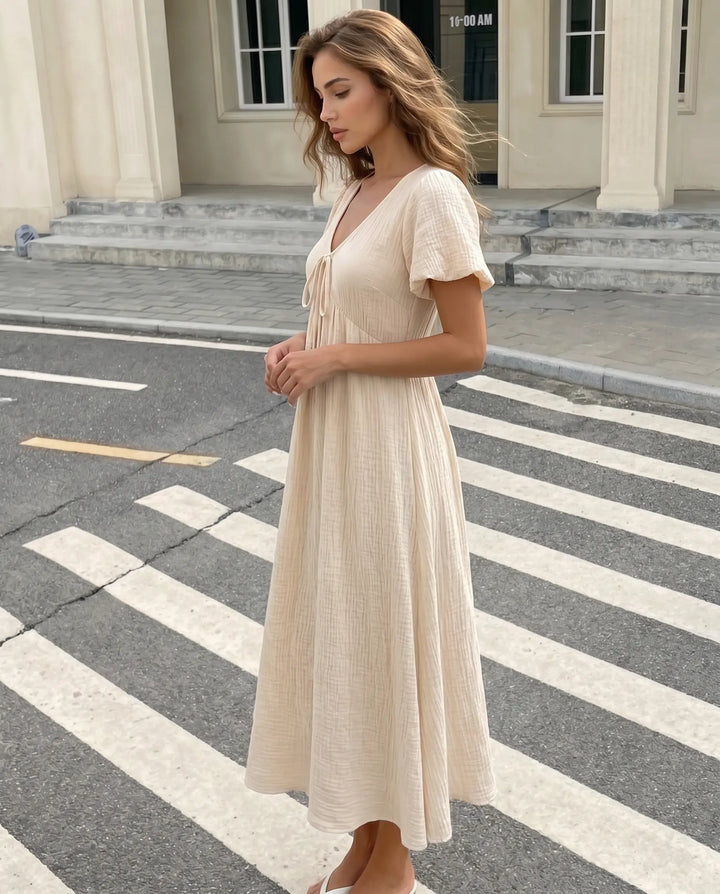 SOLACE  Beige Tie Front Textured Fabric Relaxed Midi Dress 