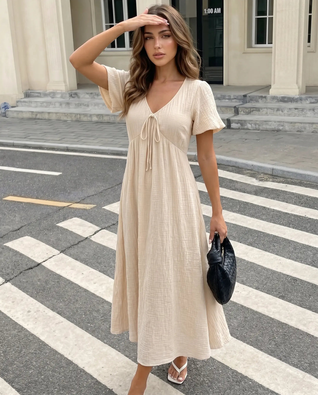 SOLACE  Beige Tie Front Textured Fabric Relaxed Midi Dress 
