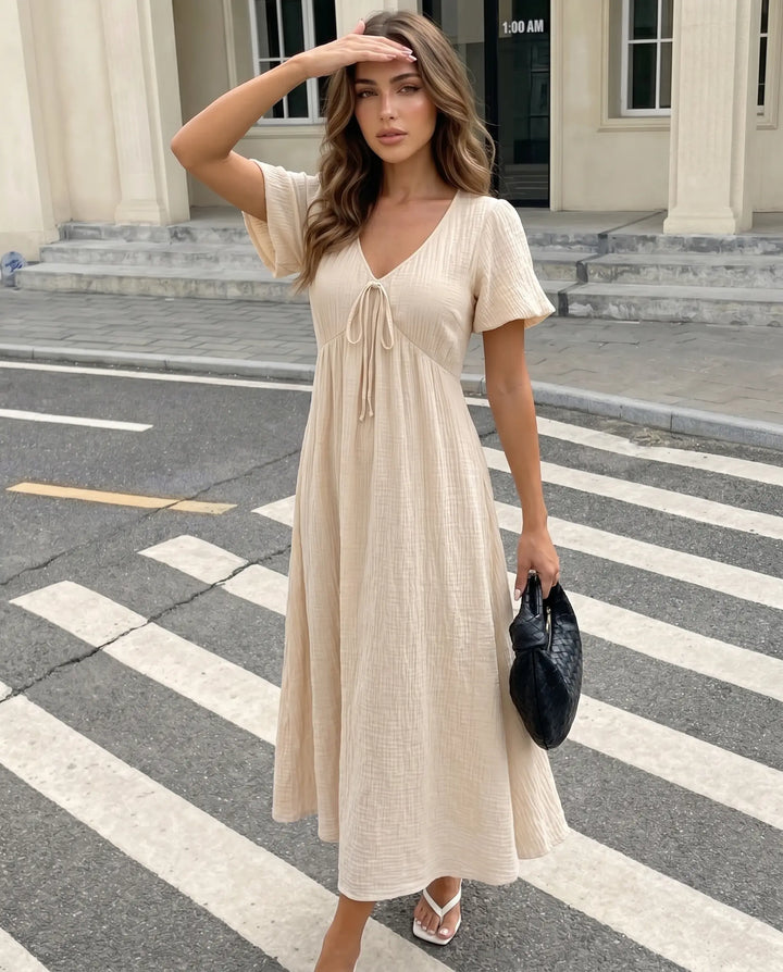 SOLACE  Beige Tie Front Textured Fabric Relaxed Midi Dress 
