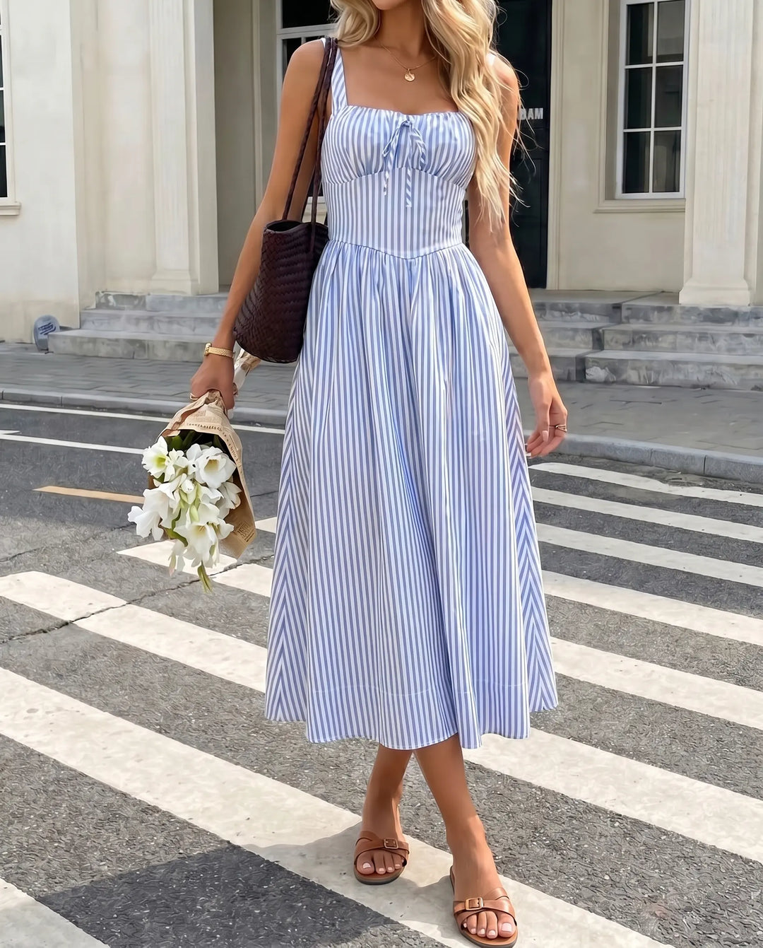 SOLACE  Blue Cotton Striped Tie Front Slim Fit Midi Dress 