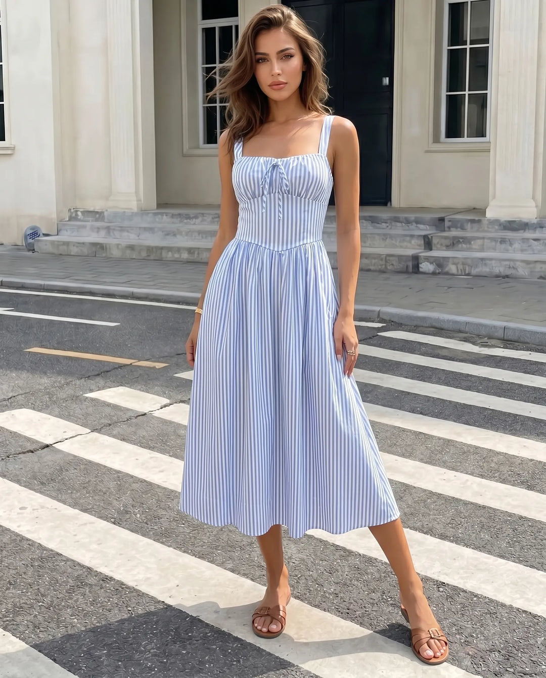 SOLACE  Blue Cotton Striped Tie Front Slim Fit Midi Dress 