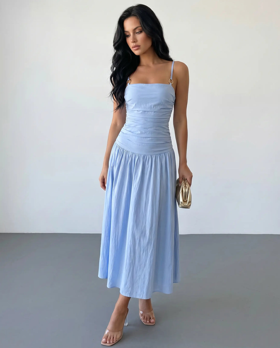 SOLACE  Light Blue Ruched Spaghetti Strap Midi Dress 
