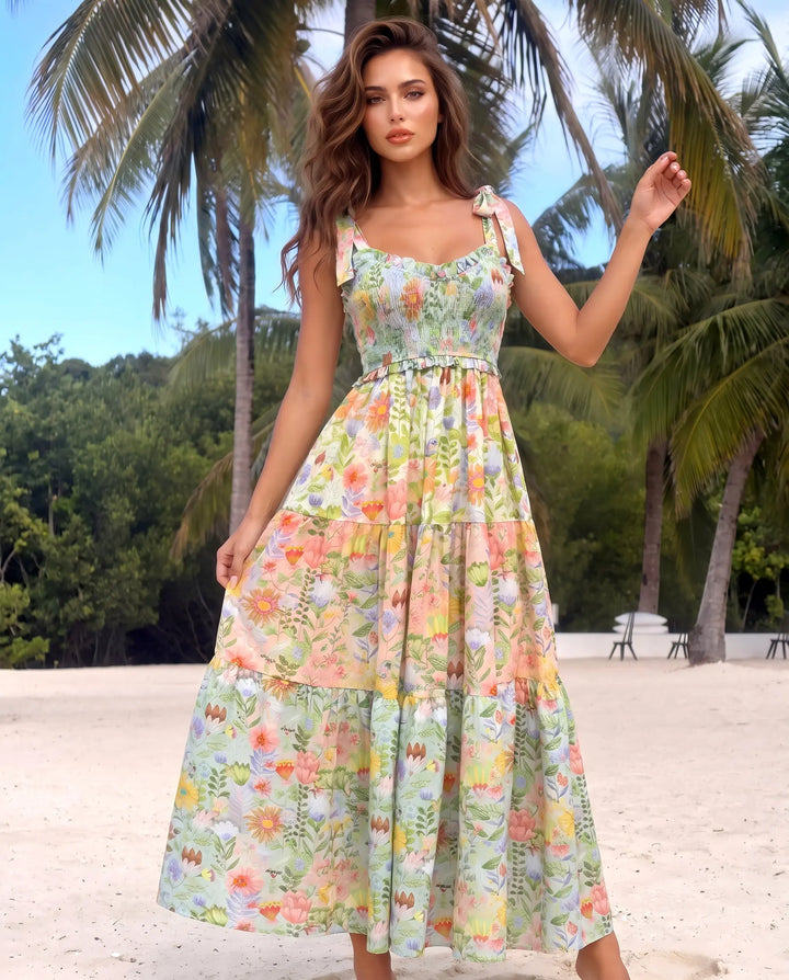SOLACE  Multi-color Floral Smocked Bodice Regular Fit Midi Dress 
