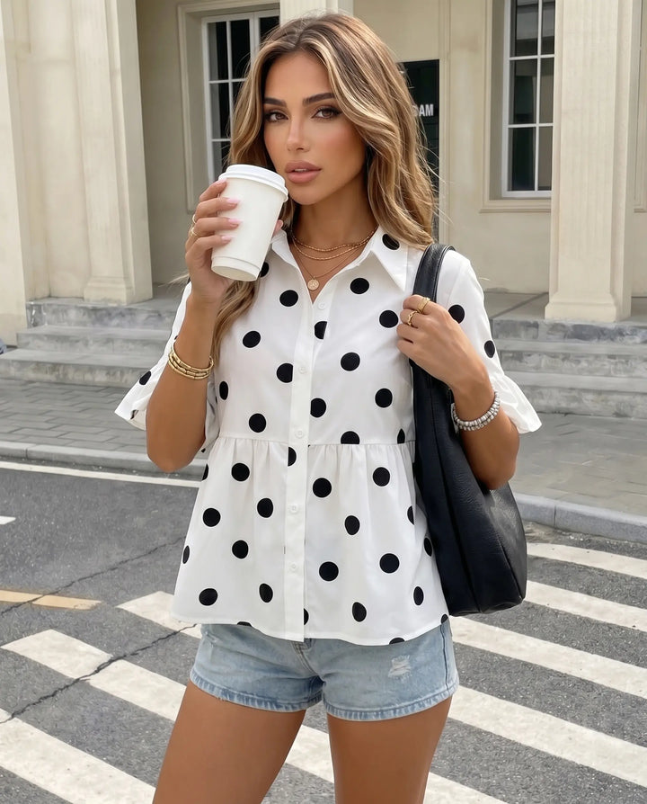 SOLACE  White Polka Dot Cotton Slim Fit Regular Peplum Blouse 