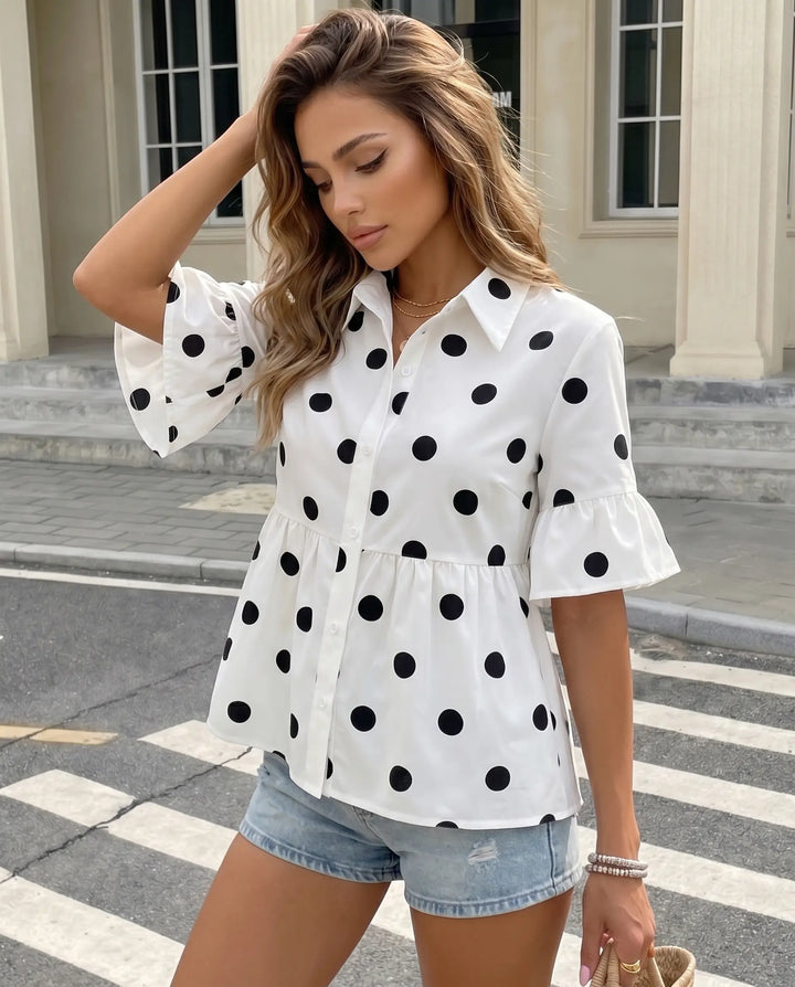 SOLACE  White Polka Dot Cotton Slim Fit Regular Peplum Blouse 