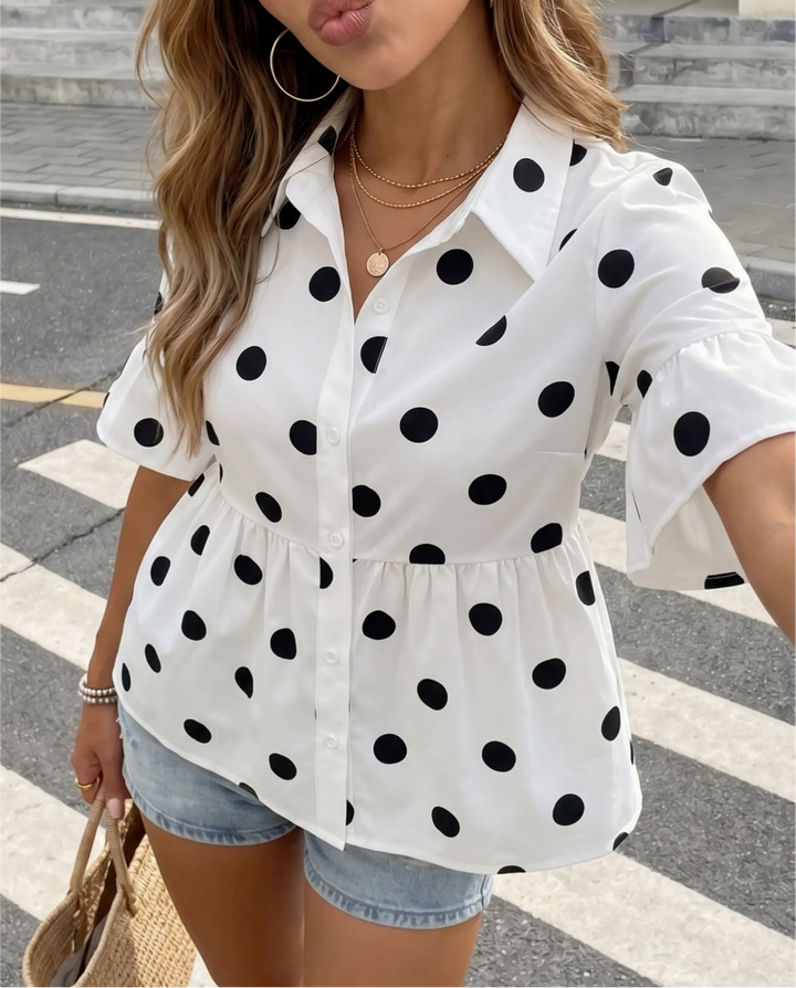 SOLACE  White Polka Dot Cotton Slim Fit Regular Peplum Blouse 