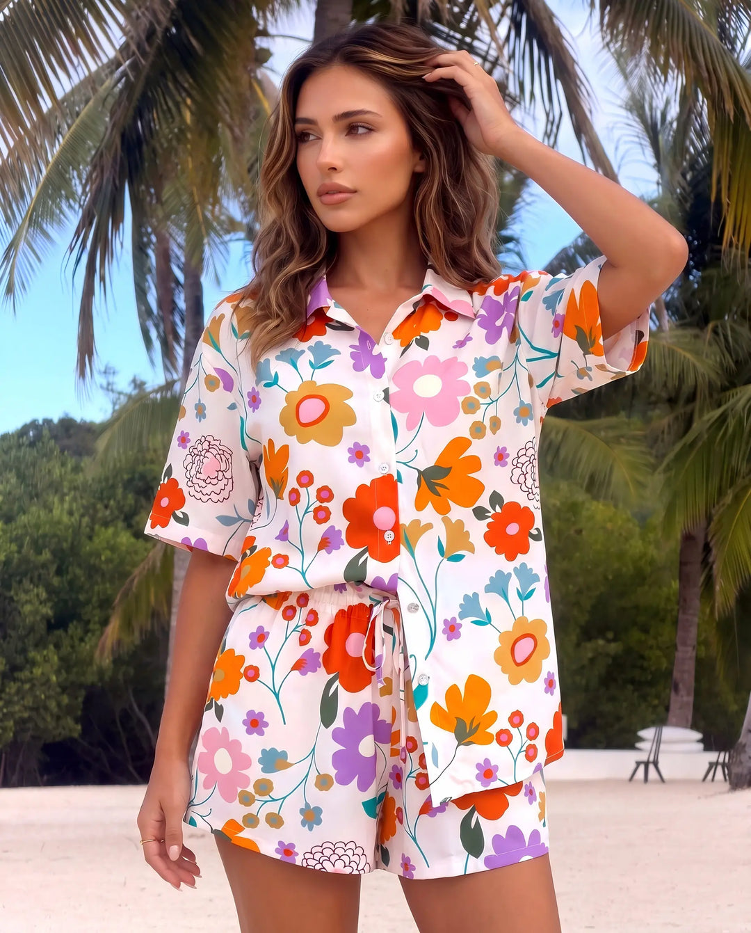 SOLACE  Pink Floral Print Button Down Shirt And Shorts Two Piece Set 