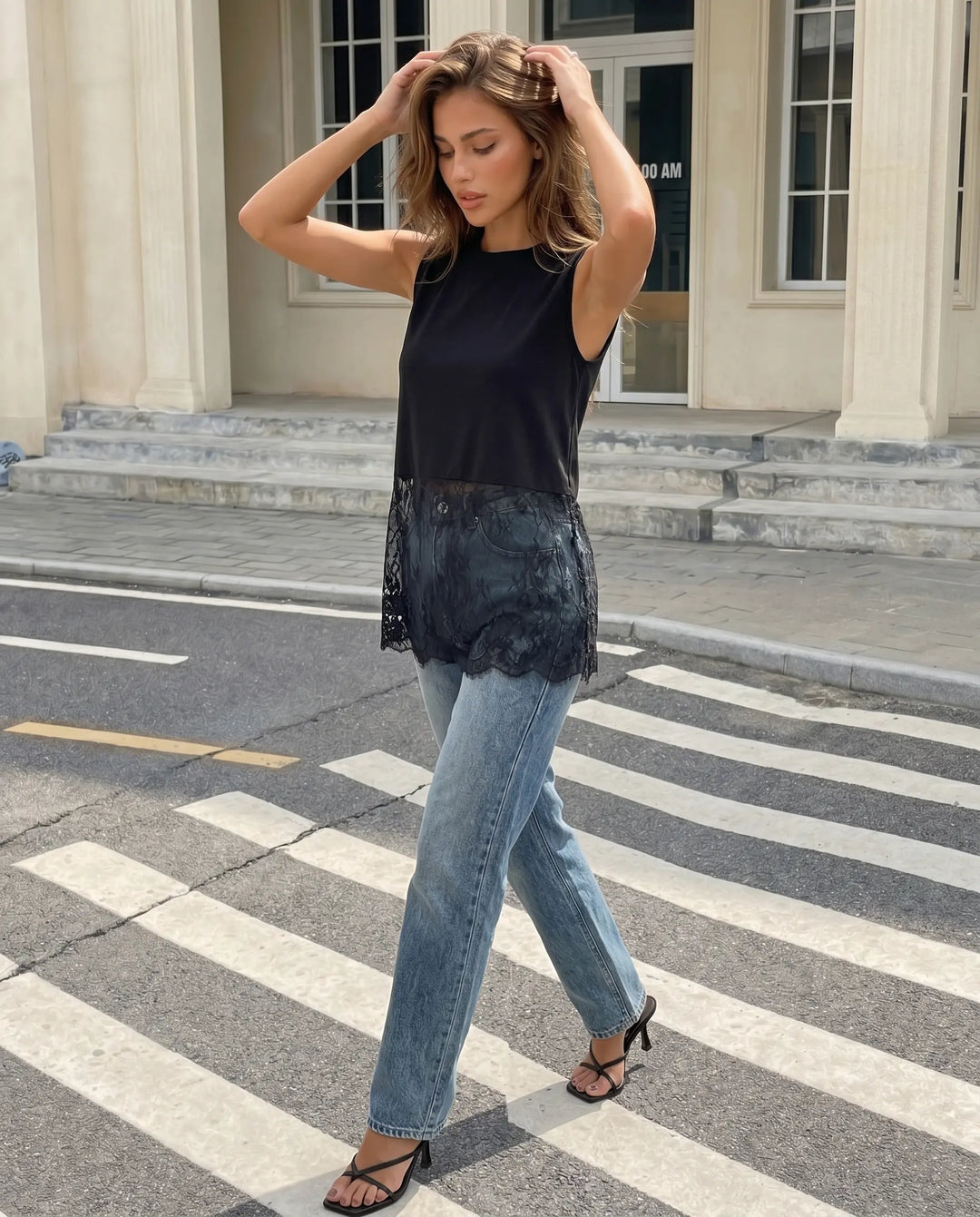 SOLACE  Black Lace Hem Sleeveless Cotton Blend Mid Length Blouse 
