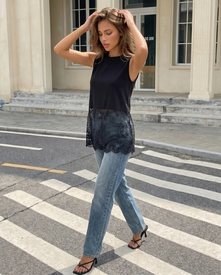 SOLACE  Black Lace Hem Sleeveless Cotton Blend Mid Length Blouse 