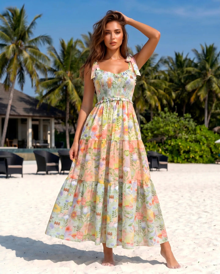 SOLACE  Multi-color Floral Smocked Bodice Regular Fit Midi Dress 