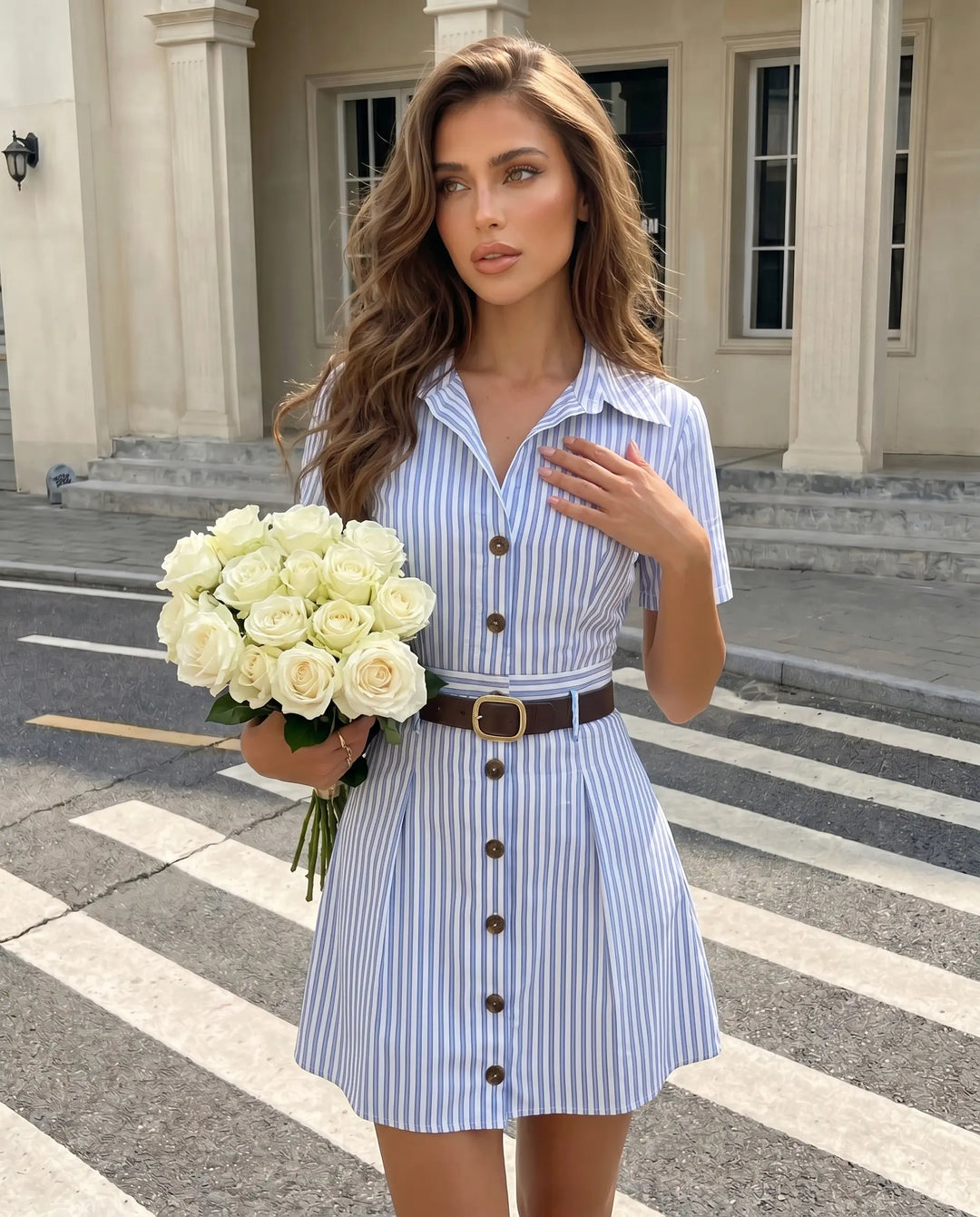 SOLACE  Blue Striped Shirt Dress with Belt 