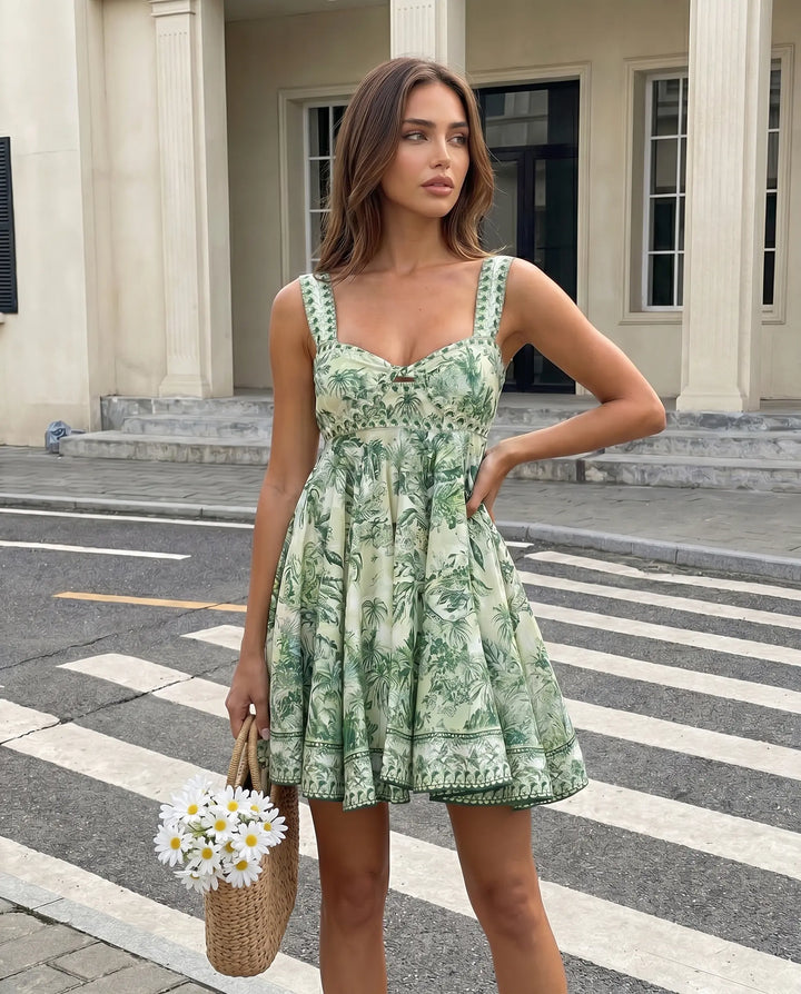 SOLACE  Light Green Botanical Print Cotton A line Mini Dress 