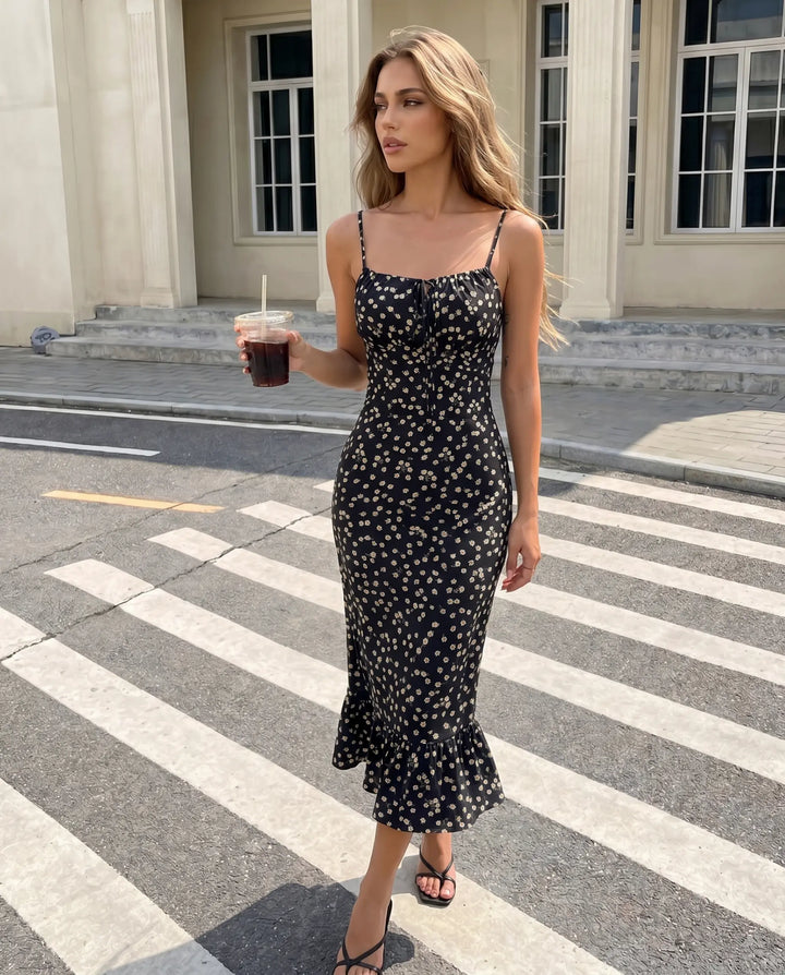 SOLACE  Black Floral Print Spaghetti Strap Midi Dress 
