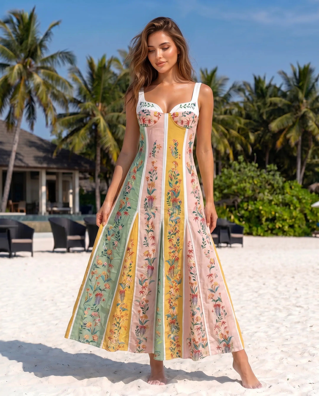 SOLACE  Multi Color Floral Print Linen Blend Slim Fit Midi Dress 