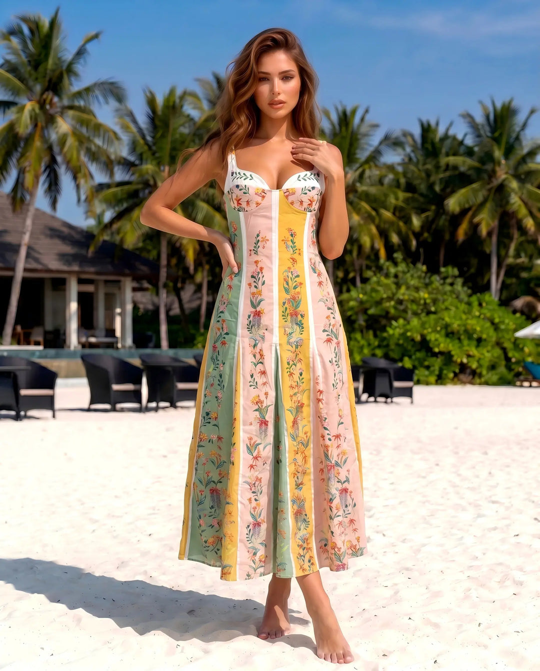 SOLACE  Multi Color Floral Print Linen Blend Slim Fit Midi Dress 