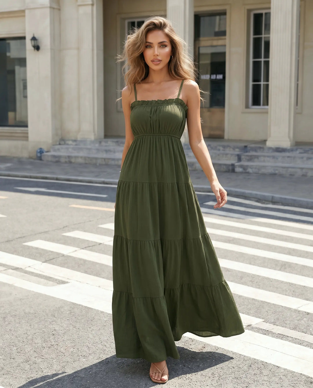 SOLACE  Olive Green Tiered Spaghetti Strap Maxi Dress 