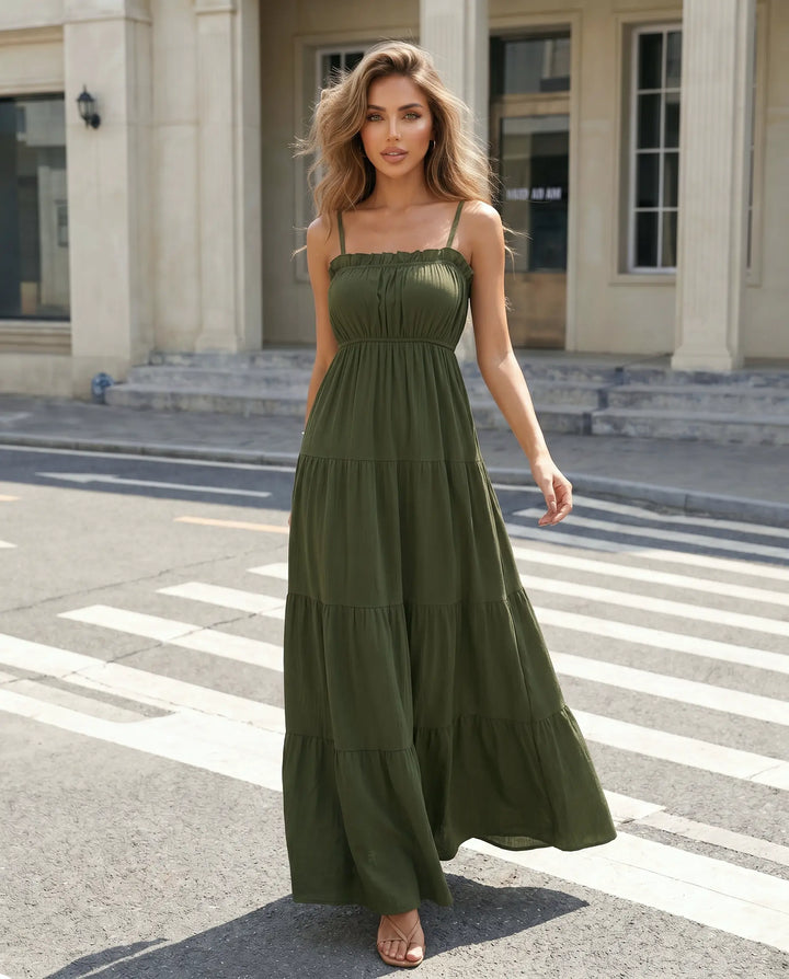 SOLACE  Olive Green Tiered Spaghetti Strap Maxi Dress 