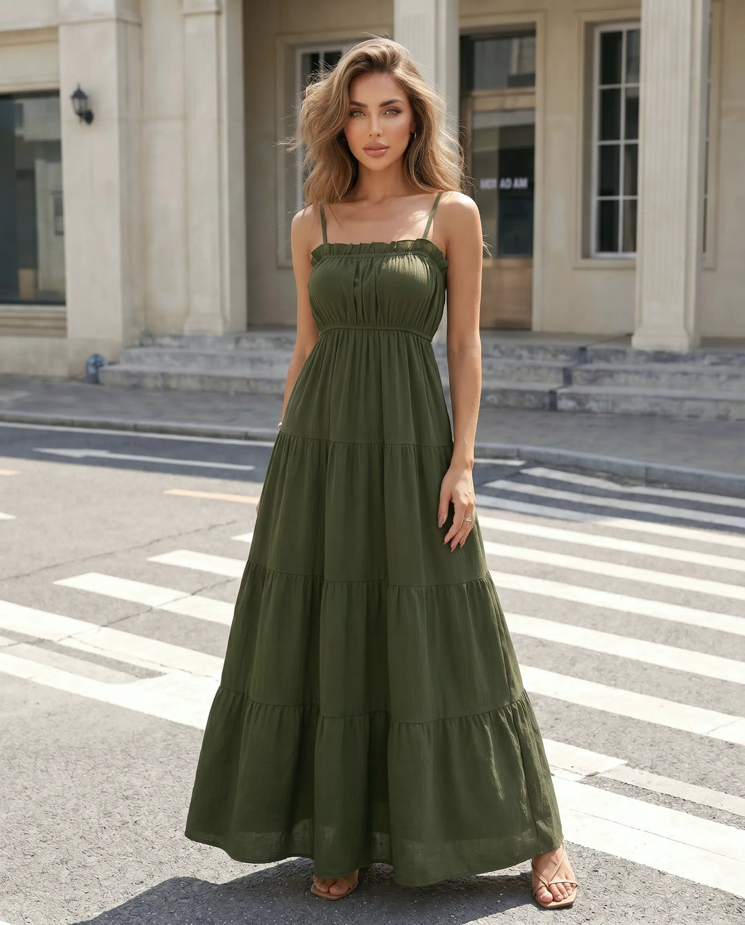 SOLACE  Olive Green Tiered Spaghetti Strap Maxi Dress 