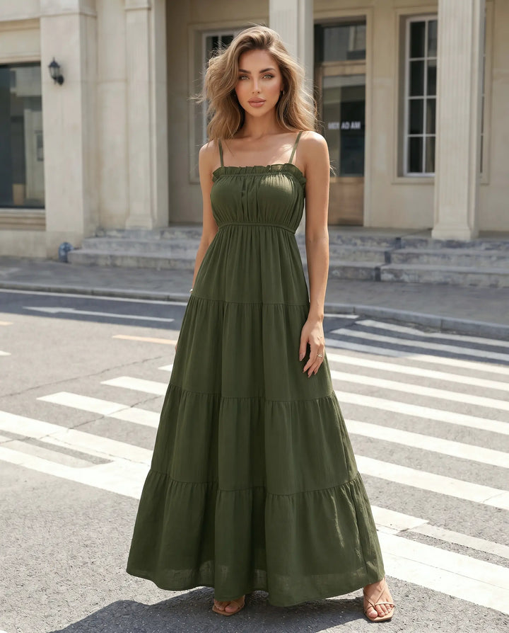 SOLACE  Olive Green Tiered Spaghetti Strap Maxi Dress 
