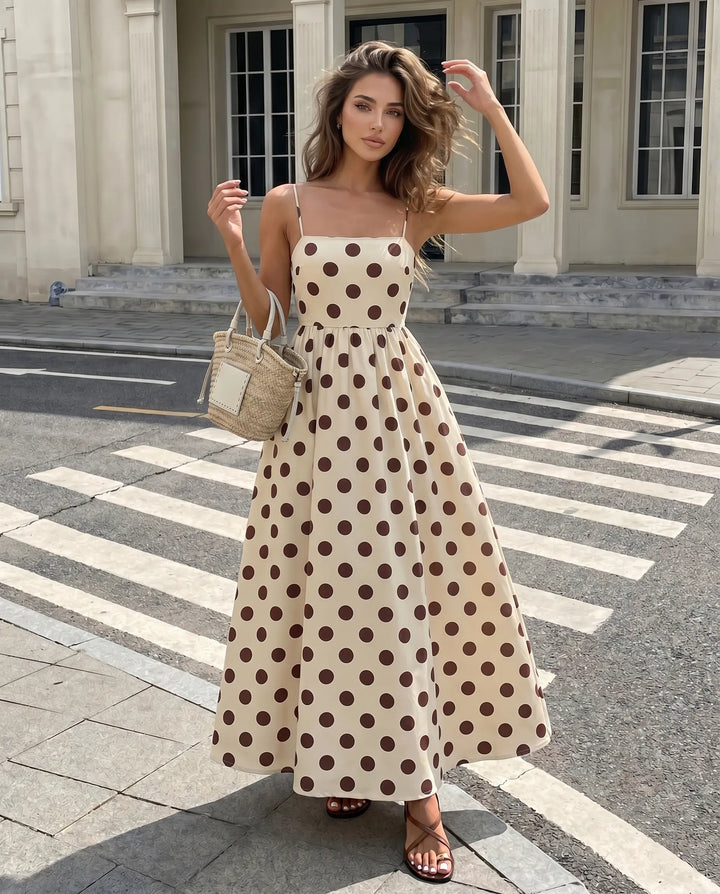 SOLACE  Beige Polka Dot Spaghetti Strap Maxi Dress 
