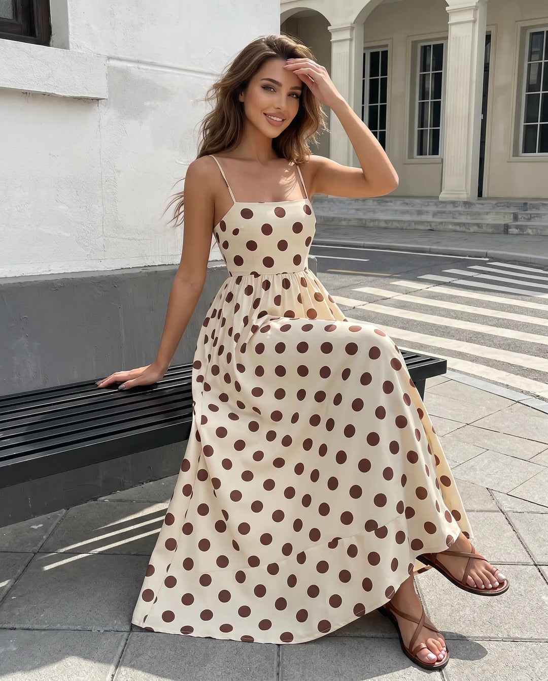 SOLACE  Beige Polka Dot Spaghetti Strap Maxi Dress 