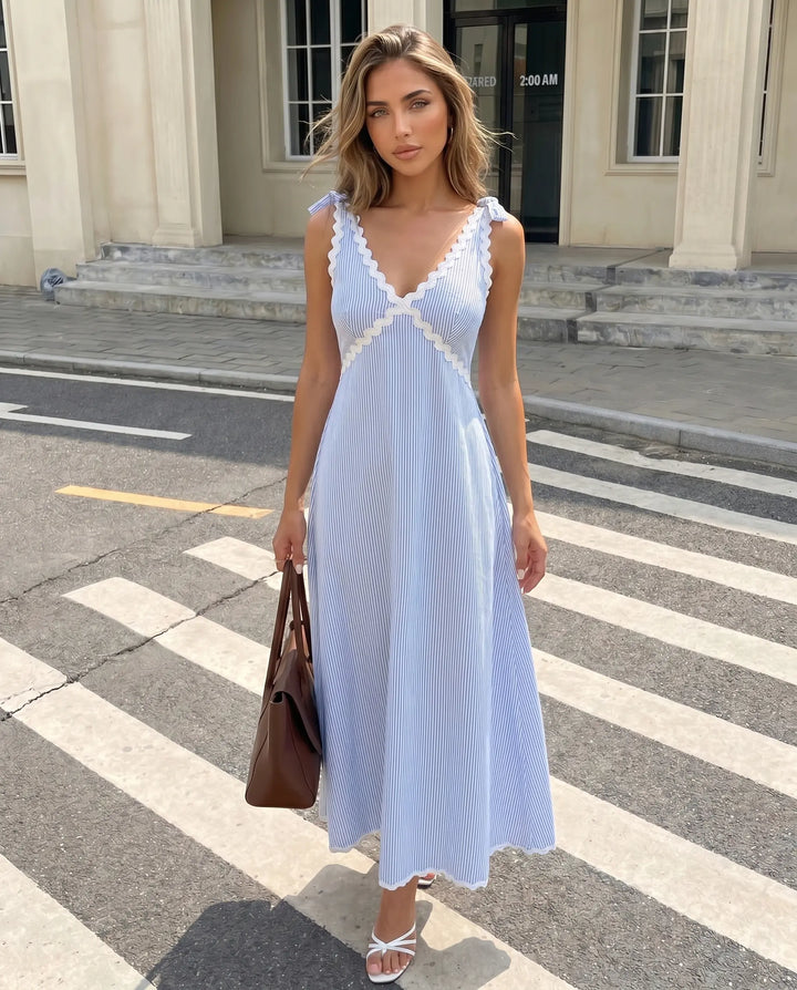 SOLACE  Light Blue V Neck Lace Trim Striped Regular Fit Midi Dress 