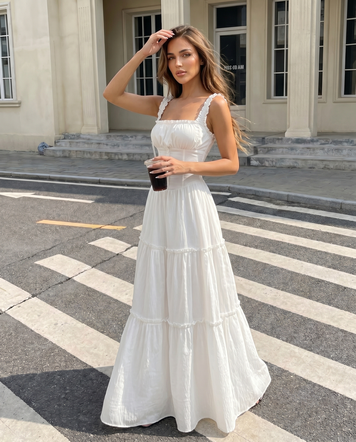 SOLACE  White Square Neck Tiered Maxi Dress 