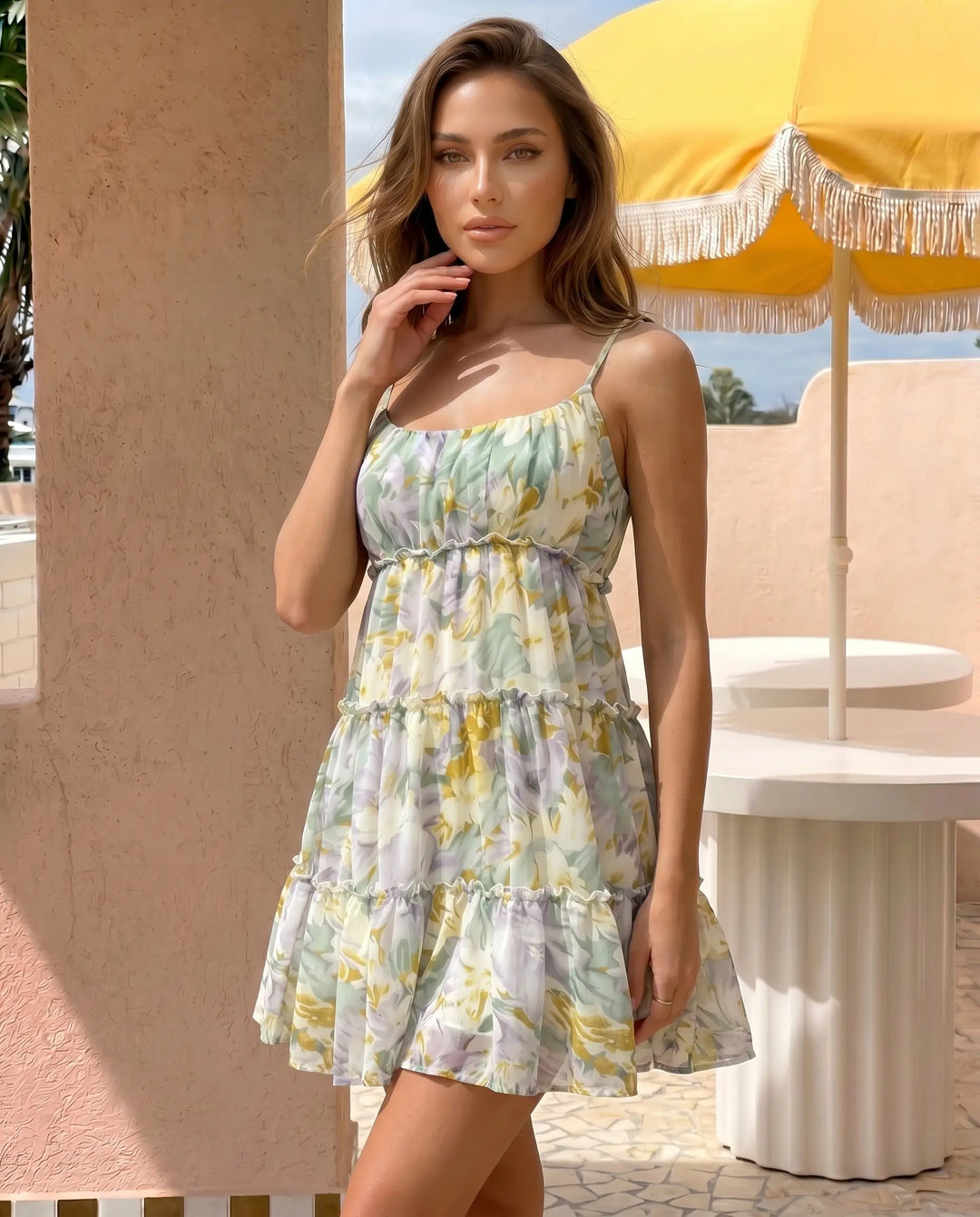SOLACE  Pastel Floral Print Spaghetti Strap Tiered Mini Dress 