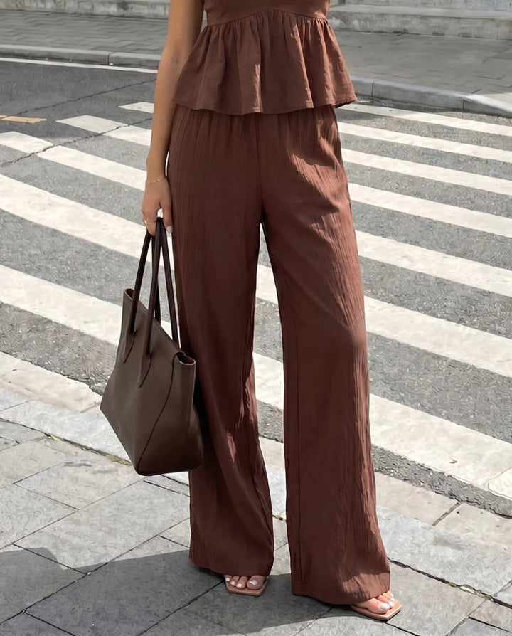 SOLACE  Brown Peplum Camisole And Wide Leg Pants Two Piece Set 