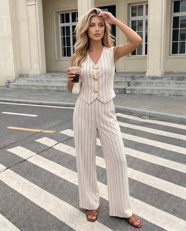SOLACE  Beige Striped Button Vest and Wide Leg Trouser Two Piece Set 